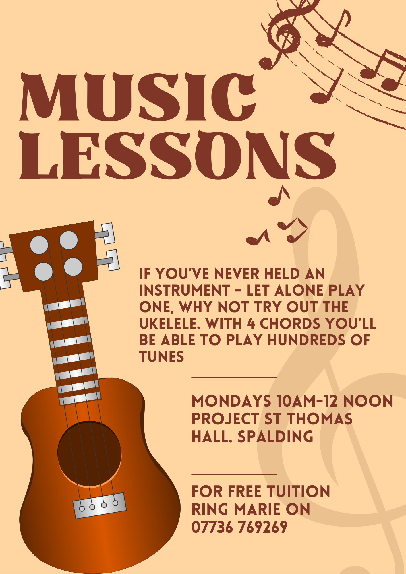 Music and ukulele lessons information poster